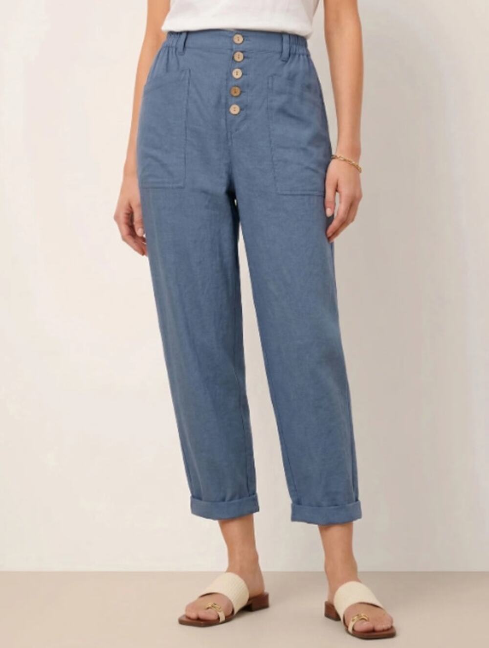 Lintico Heidi Simple Button Fly Linen Blend Trouser Pants, Blue, Size M